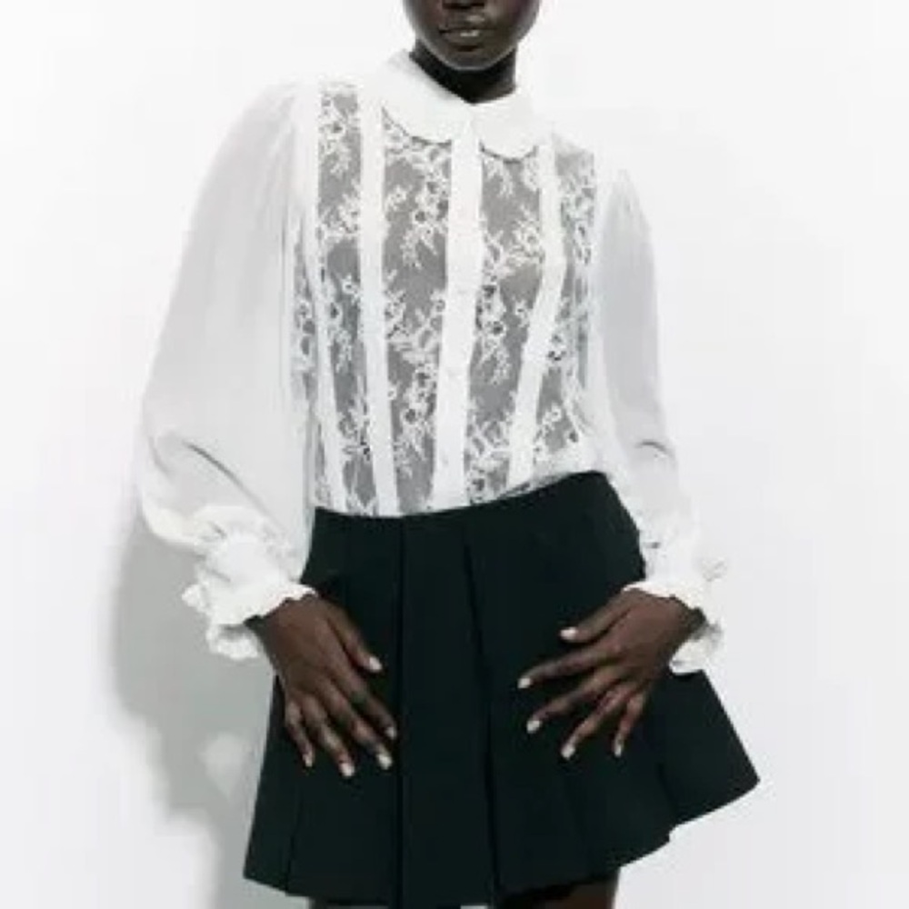Zara White Lace Button Down Shirt